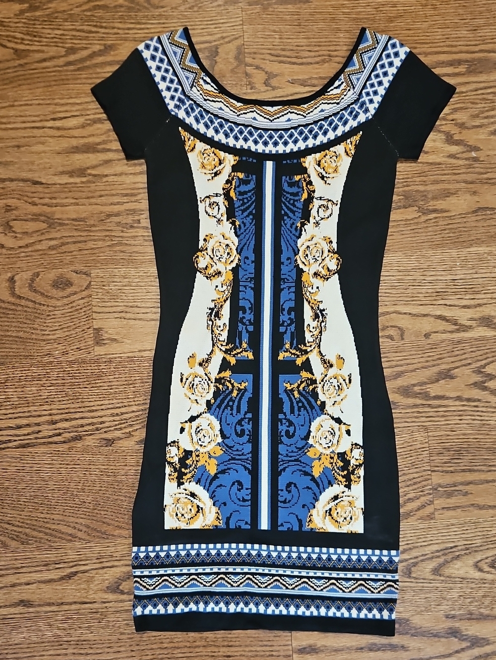 Womenās Printed Bodycon Dress in Black, Blue & Gold